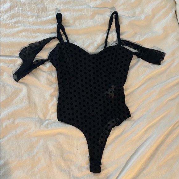 Black Mesh & Polka Dot Bodysuit with Drop Sleeves | Size 6 // ML - Picture 2 of 5